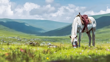 草原白马吃草风光图