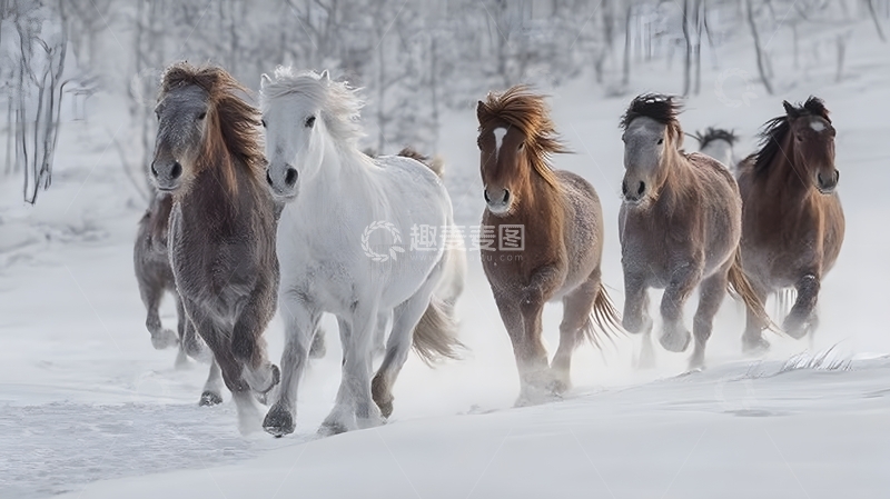 高清大图下载【趣麦麦图】雪地奔马风光摄影