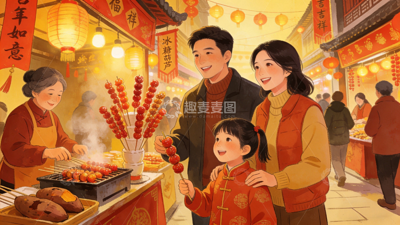 高清大图下载【趣麦麦图】春节庙会家庭欢乐插画