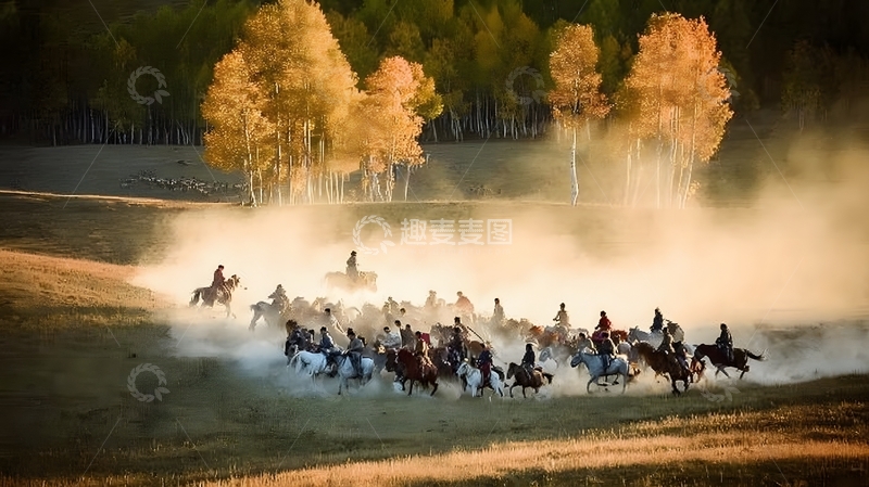 高清大图下载【趣麦麦图】秋意草原骑马奔腾