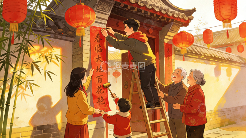 高清大图下载【趣麦麦图】春节家庭贴春联喜庆场景插画