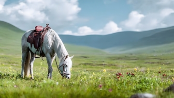 草原白马悠闲吃草