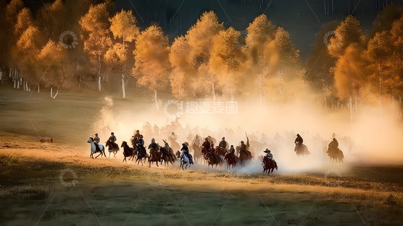 高清大图下载【趣麦麦图】秋风牧马金黄林