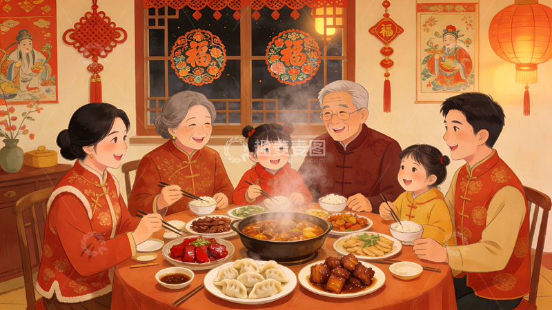高清大图下载【趣麦麦图】春节团圆插画喜庆家庭聚餐
