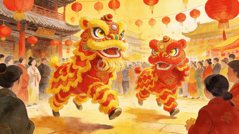 高清大图下载【趣麦麦图】春节舞狮喜庆水彩画
