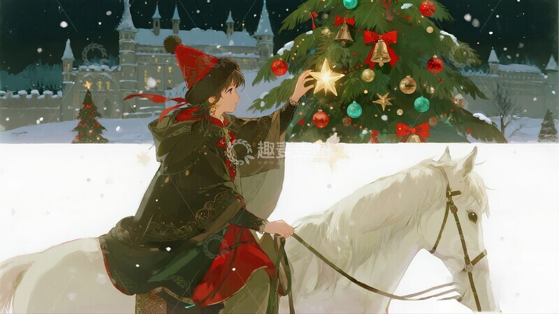 高清大图下载【趣麦麦图】动漫风圣诞节骑士马树场景