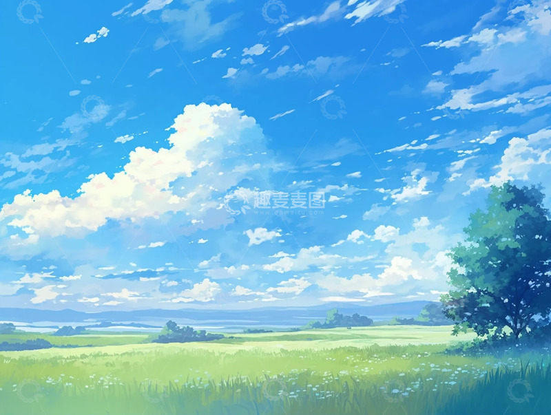 高清大图下载【趣麦麦图】春日草原的动漫晴空