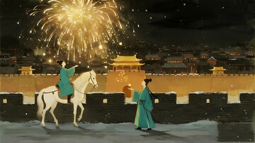 古韵春节烟火马车插画