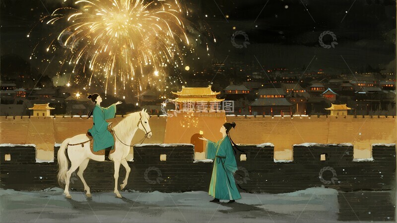 高清大图下载【趣麦麦图】古韵春节烟火马车插画