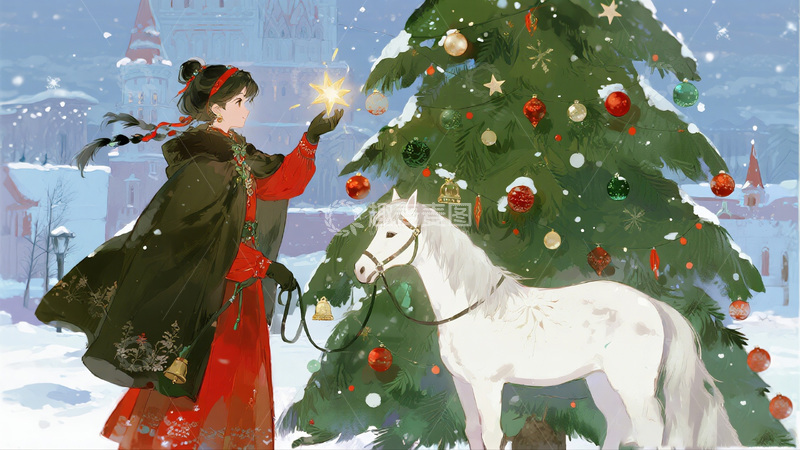 高清大图下载【趣麦麦图】冬日圣诞树少女白马插画