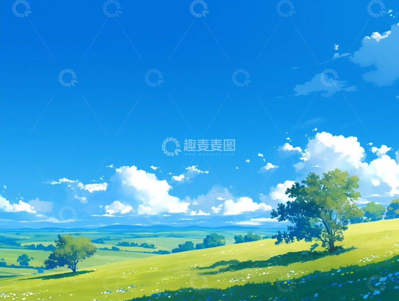 高清大图下载【趣麦麦图】晴空白云伴草原动漫景