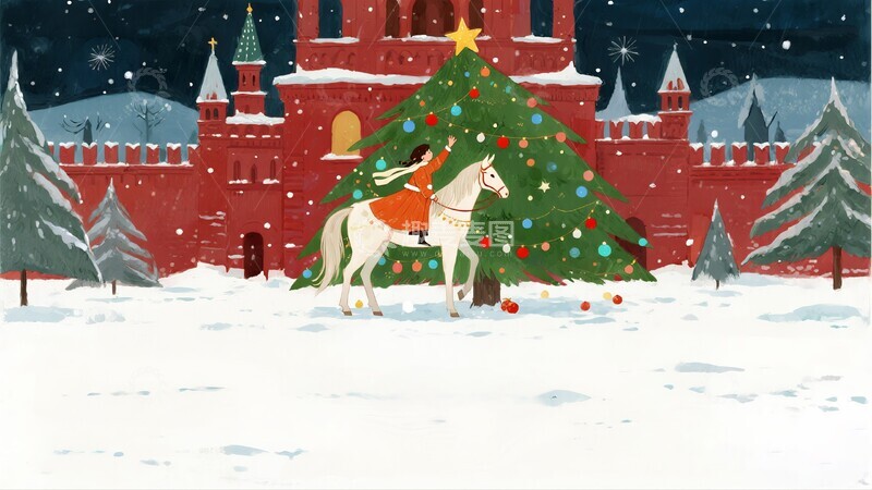 高清大图下载【趣麦麦图】圣诞红墙白马插画