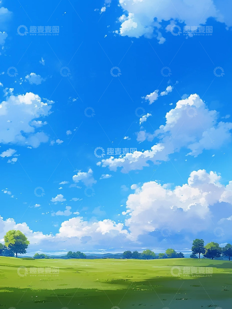 高清大图下载【趣麦麦图】动漫风蓝天白云草地