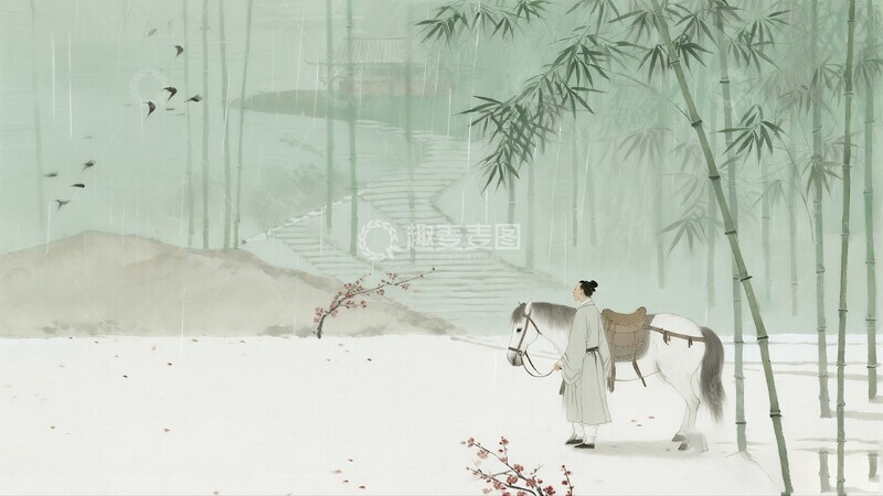 高清大图下载【趣麦麦图】古风水墨山水画人物马匹图