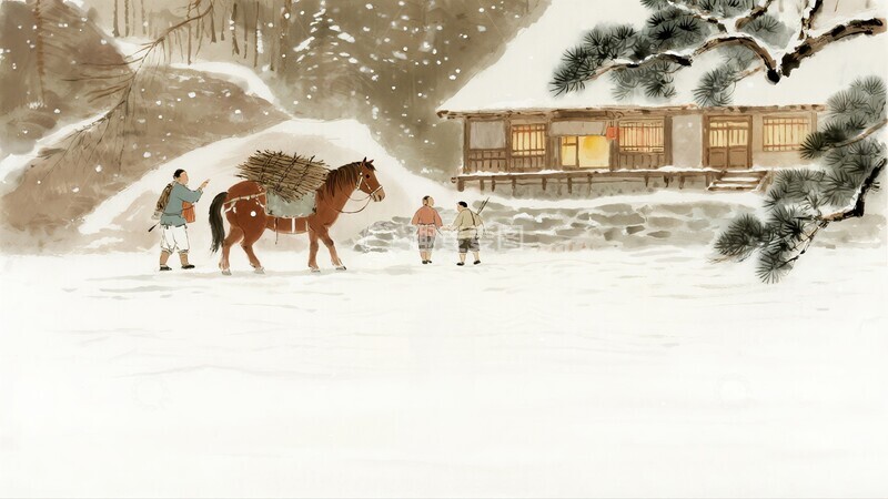 高清大图下载【趣麦麦图】冬日雪景木屋马匹图