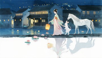 古风夜景仕女白马莲花图