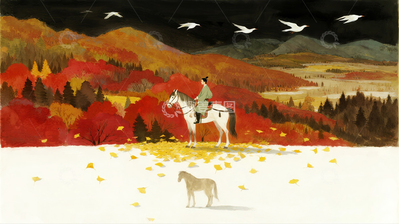 高清大图下载【趣麦麦图】秋日骑马风景水墨画