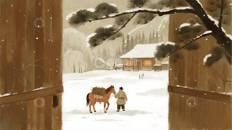 高清大图下载【趣麦麦图】冬日雪景木屋小马人物插画