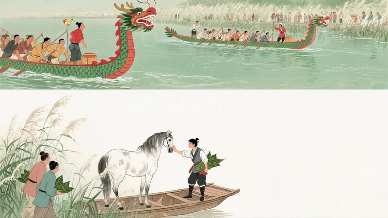 高清大图下载【趣麦麦图】传统中国风龙舟白马插画