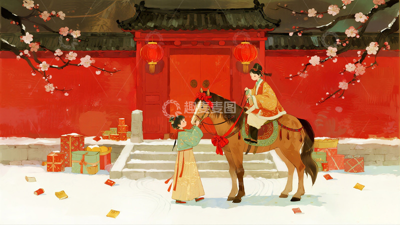 高清大图下载【趣麦麦图】传统中国新年骑马贺岁插画