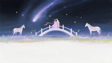 梦幻仙境白马桥夜景插画