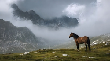 山野马匹云雾风景画