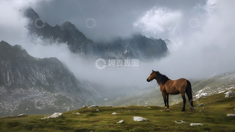 高清大图下载【趣麦麦图】山野马匹云雾风景画