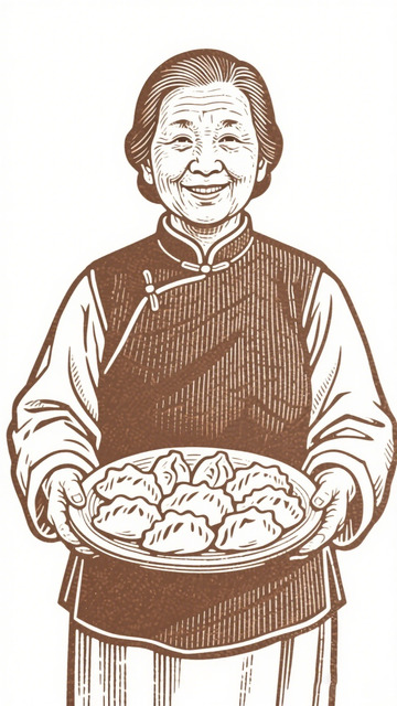 版画风格老人持盘美食图