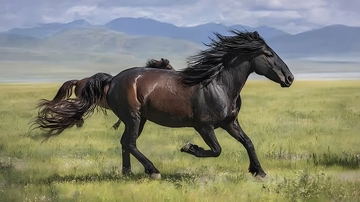 草原骏马奔腾油画风景