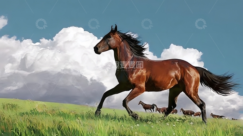 高清大图下载【趣麦麦图】草原骏马奔腾插画图片
