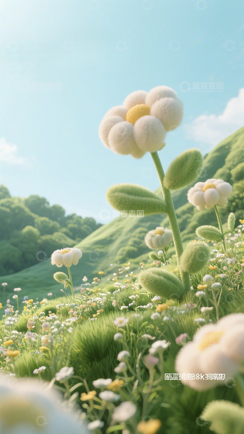 高清大图下载【趣麦麦图】绒毛花田野景插画