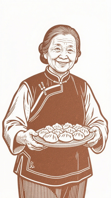 传统中国风老人持饺插画