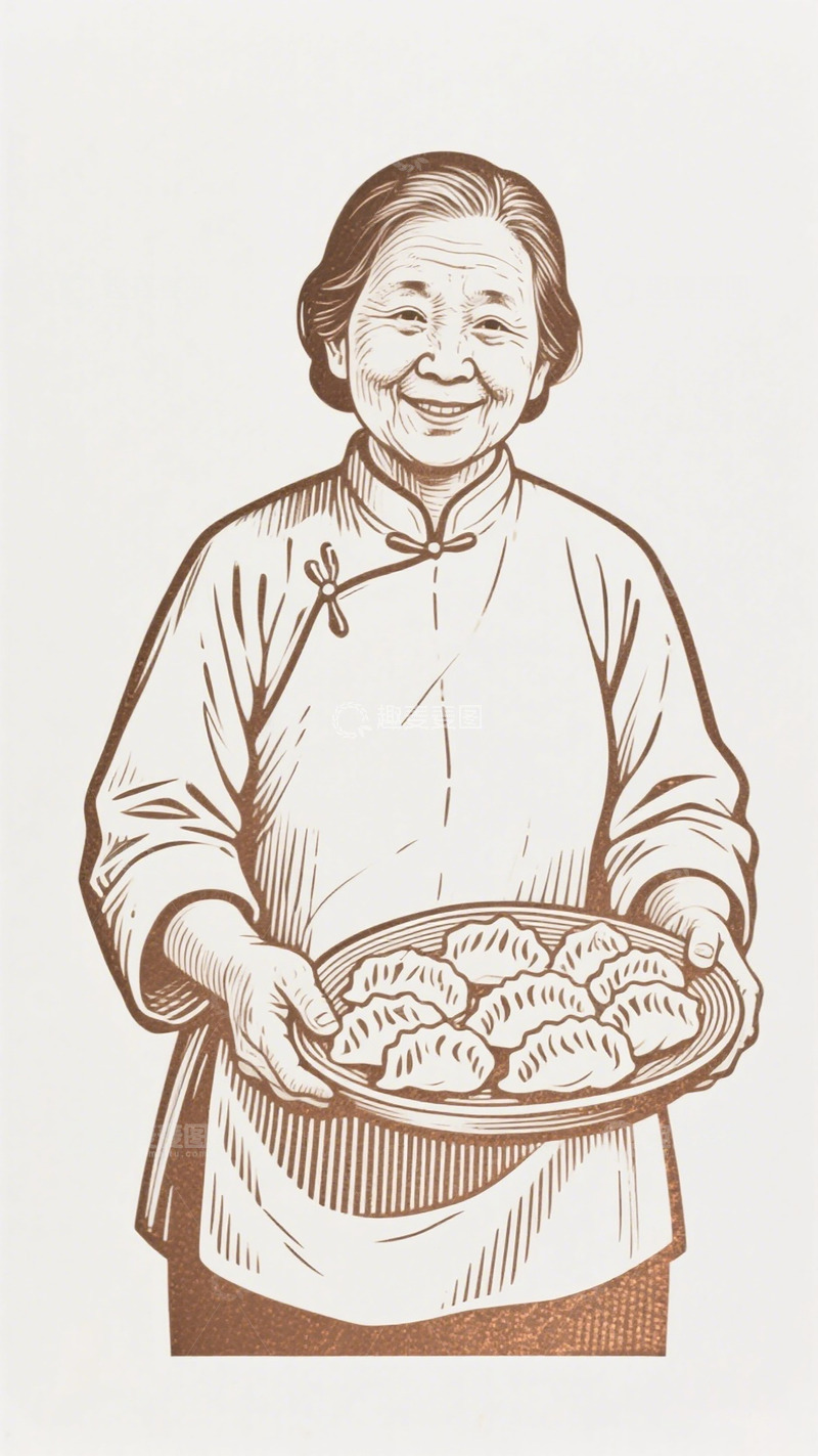 高清大图下载【趣麦麦图】传统插画老人端饺子
