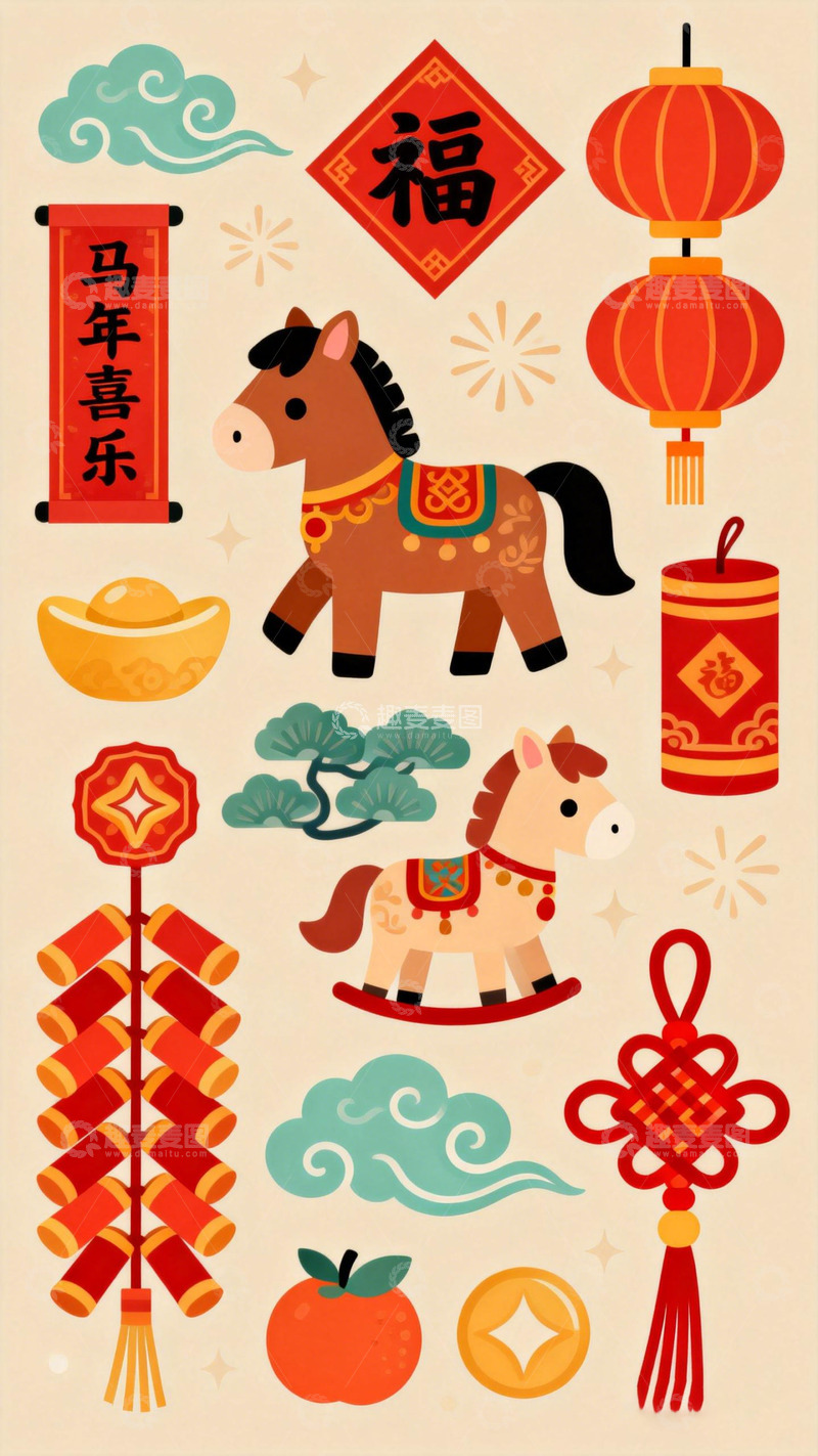 高清大图下载【趣麦麦图】喜庆中国风马年元素插画