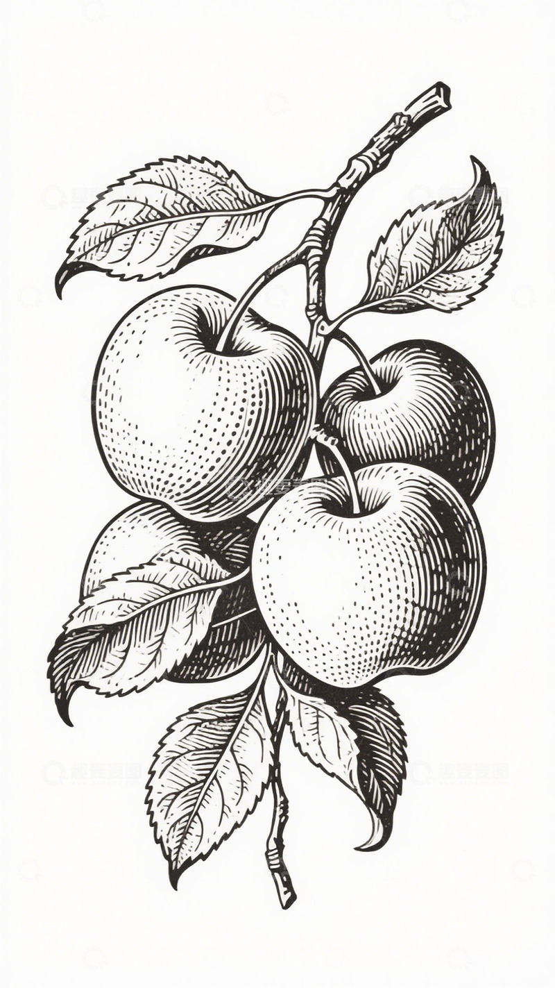 高清大图下载【趣麦麦图】黑白线描苹果插画