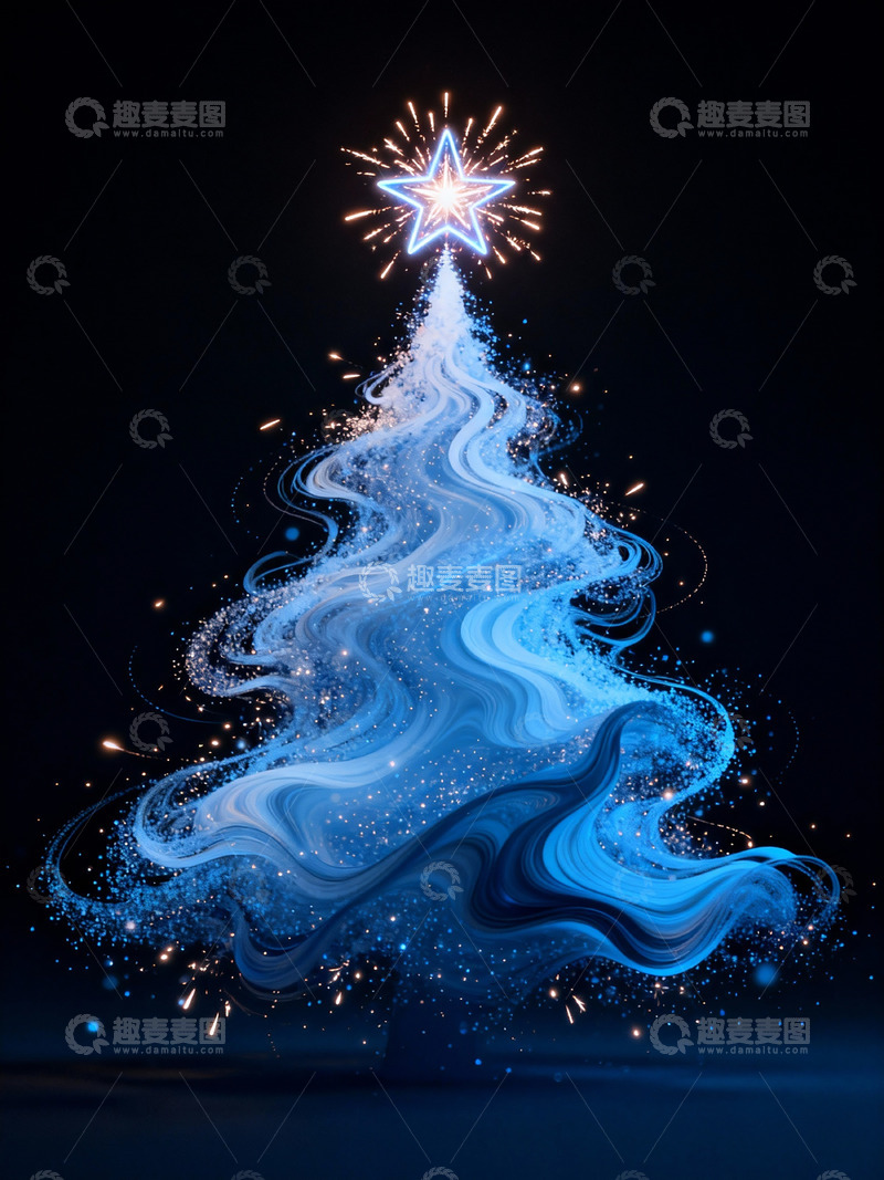 高清大图下载【趣麦麦图】蓝色梦幻圣诞树艺术插画