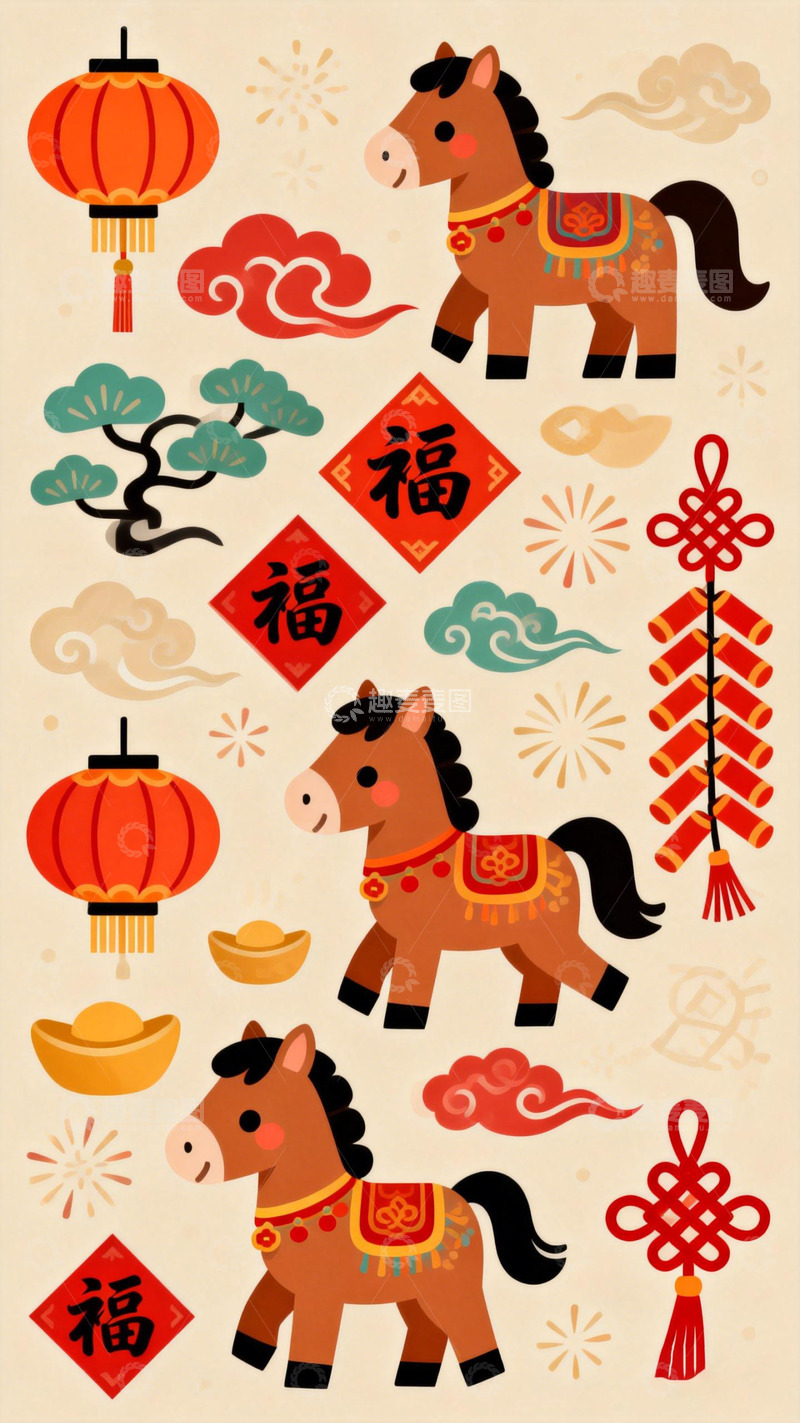 高清大图下载【趣麦麦图】中国风春节马年元素插画