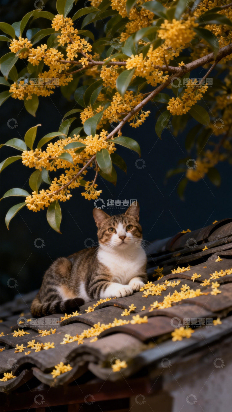 高清大图下载【趣麦麦图】屋顶猫与桂花树自然风光