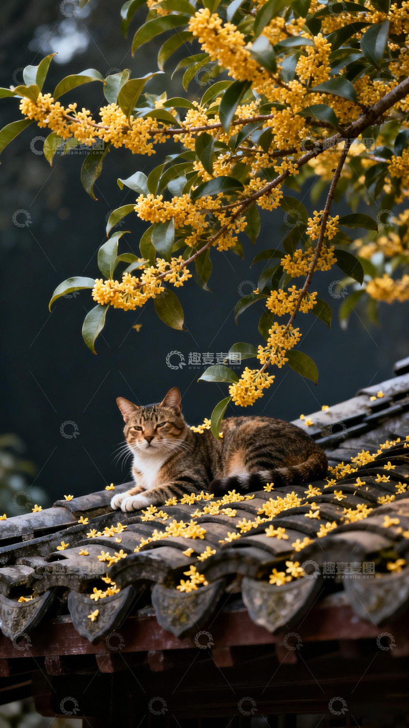 高清大图下载【趣麦麦图】桂花屋顶猫影