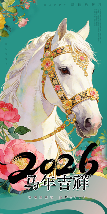 2026新年骏马迎春花卉祝福唯美白马海报
