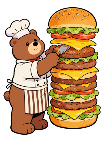 卡通厨师熊制作巨型汉堡