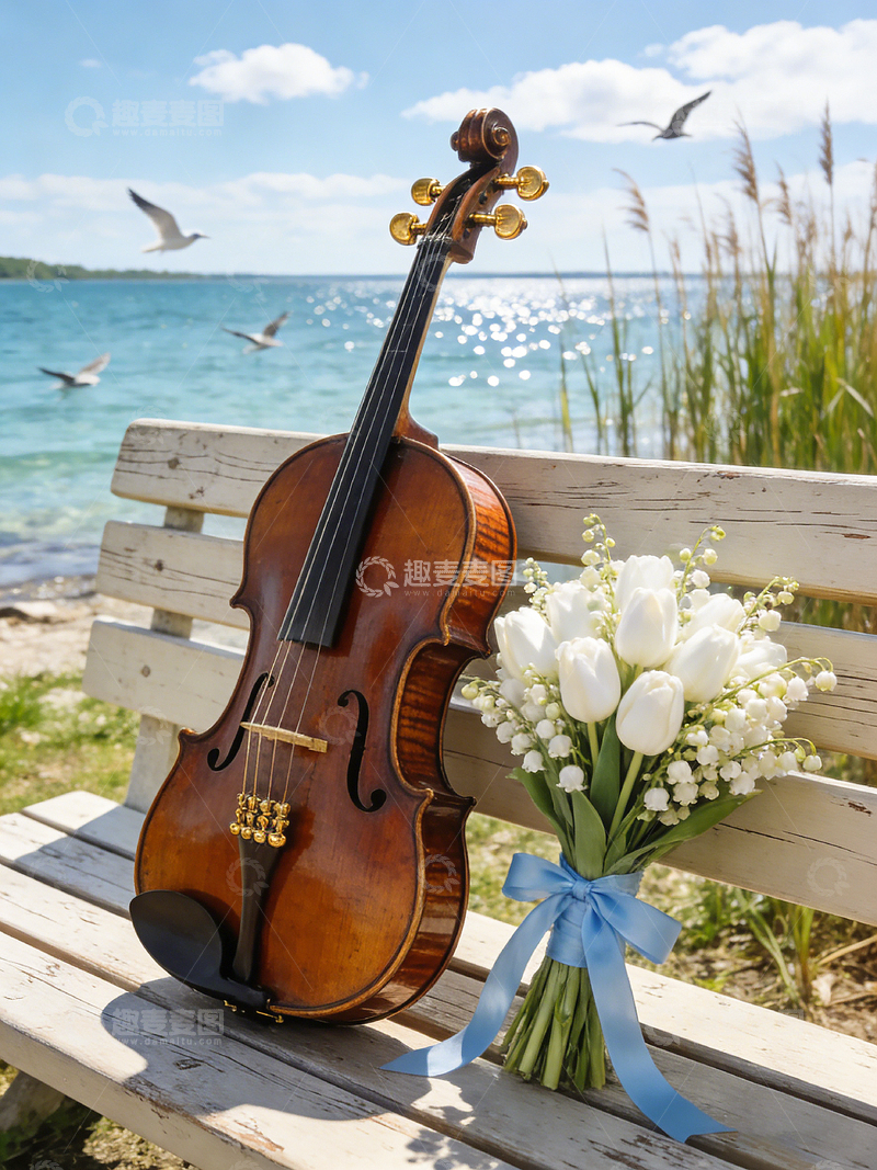 高清大图下载【趣麦麦图】海滨小提琴花束美景静物自然风景