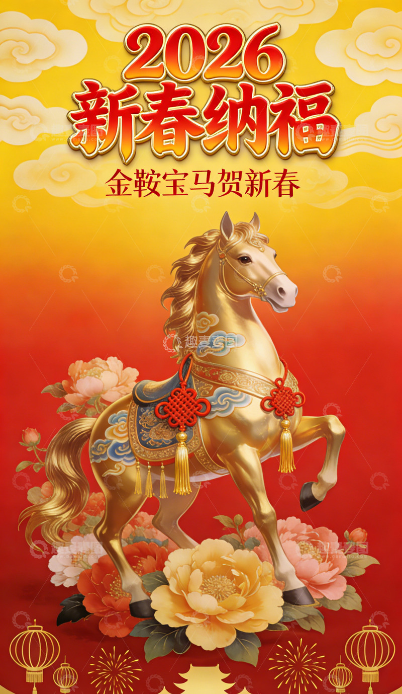 高清大图下载【趣麦麦图】2026新春贺岁金鞍宝马图