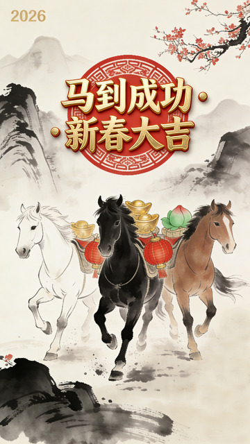 水墨风新春马群祝福海报