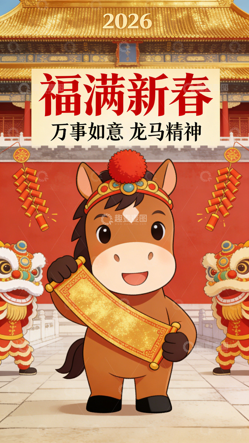 高清大图下载【趣麦麦图】卡通马年新春庆祝海报设计素材