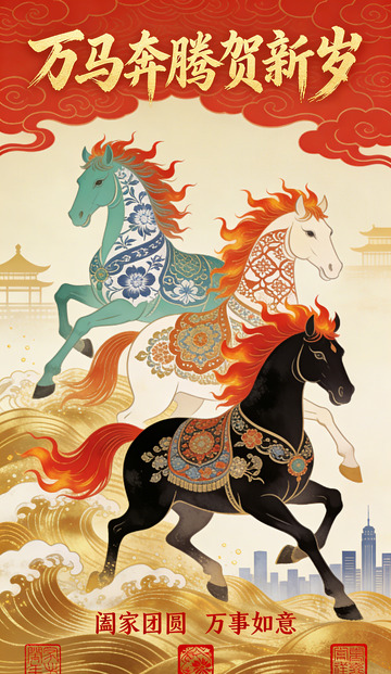 马年贺岁国风插画