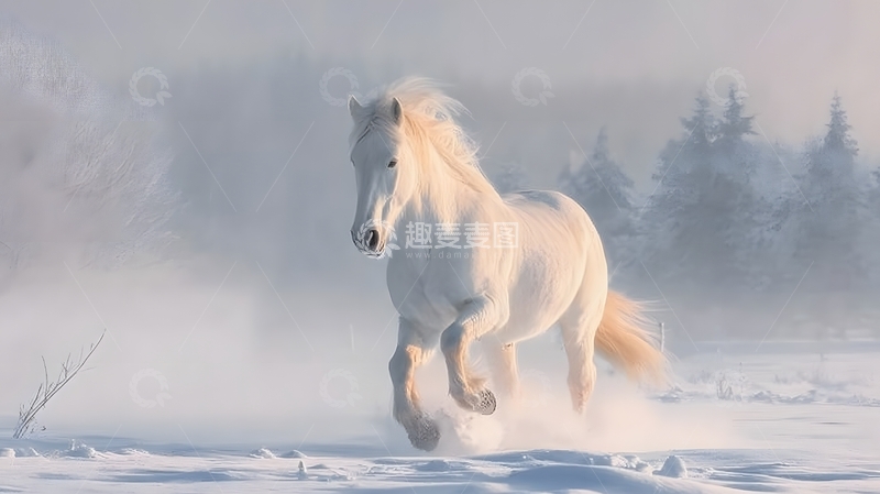 高清大图下载【趣麦麦图】-白雪骏马冬日奔跑风光摄影