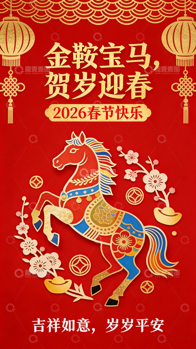高清大图下载【趣麦麦图】金鞍宝马迎春贺岁图