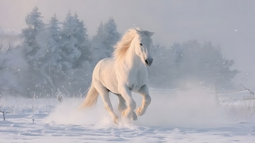 雪原白马奔腾风景摄影