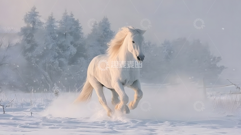 高清大图下载【趣麦麦图】雪原白马奔腾风景摄影